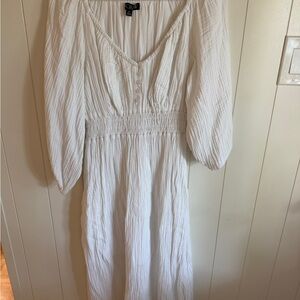 White JCrew Textured Midi Dress with Smocked Waist